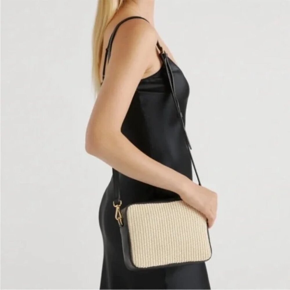 Quince Italian Leather & Raffia Crossbody Bag, Black and Natural - Picture 2 of 11